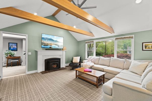 Fireplace, Interior, Living room, Recessed Lighting, Wooden Beams