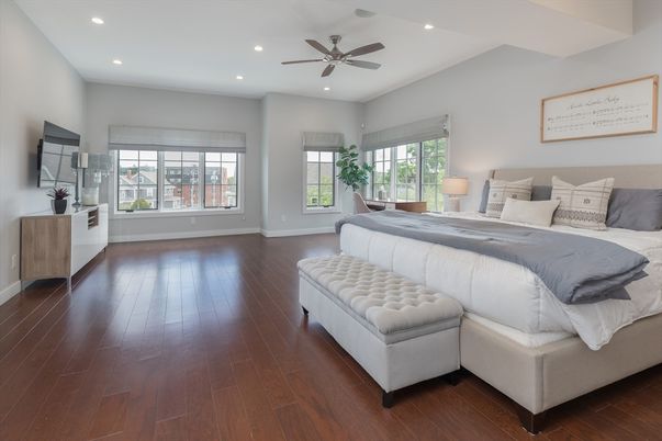 Bedroom, Interior, Recessed Lighting, Wood Texture Flooring