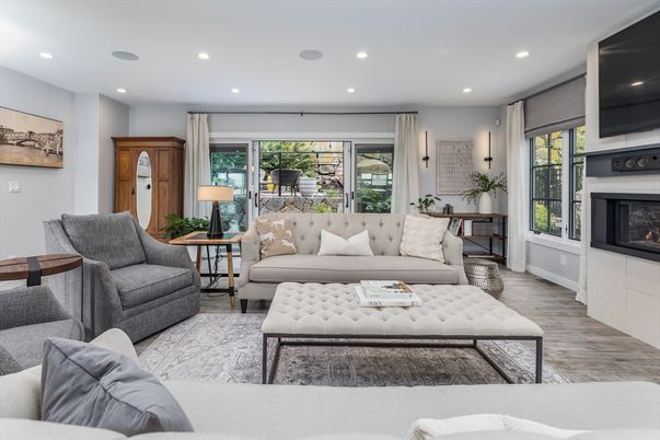 Fireplace, Interior, Living room, Recessed Lighting, Wood Texture Flooring