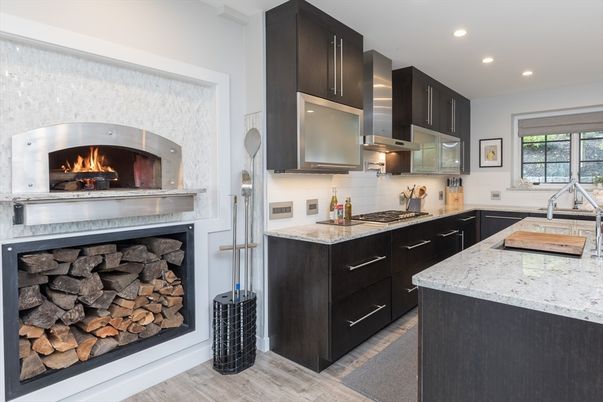 Fireplace, Interior, Kitchen, Recessed Lighting, Stainless Steel Appliances, Wood Texture Flooring