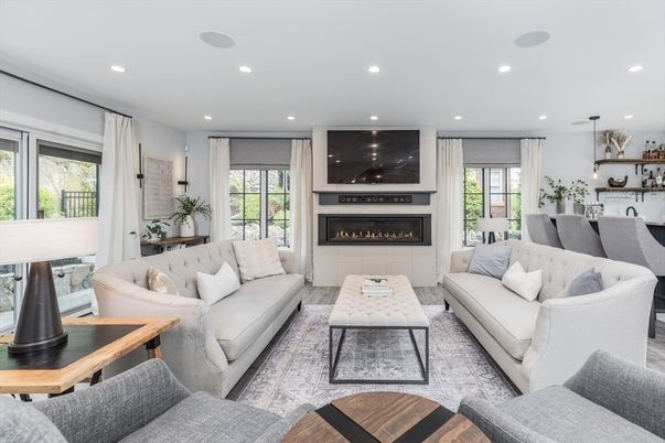 Dining room, Fireplace, Interior, Living room, Pendant Lights, Recessed Lighting, Wood Texture Flooring