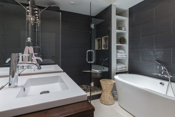 Bathroom, Dual Sink Vanities, Free Standing Baths, Glass Shower, Interior