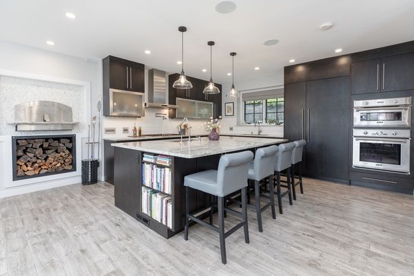 Fireplace, Interior, Kitchen, Pendant Lights, Recessed Lighting, Stainless Steel Appliances, Wood Texture Flooring