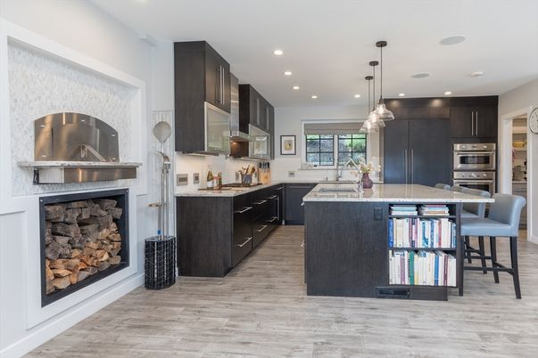 Fireplace, Interior, Kitchen, Pendant Lights, Recessed Lighting, Stainless Steel Appliances, Wood Texture Flooring