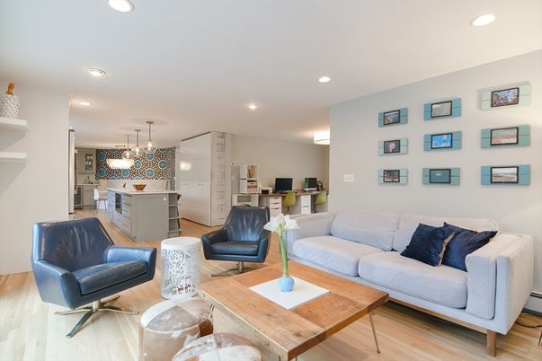 Interior, Kitchen, Living room, Pendant Lights, Recessed Lighting, Wood Texture Flooring