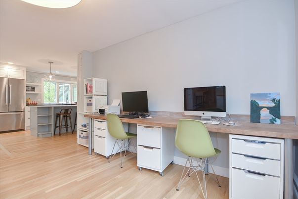 Home Office, Interior, Kitchen, Pendant Lights, Recessed Lighting, Stainless Steel Appliances, Wood Texture Flooring