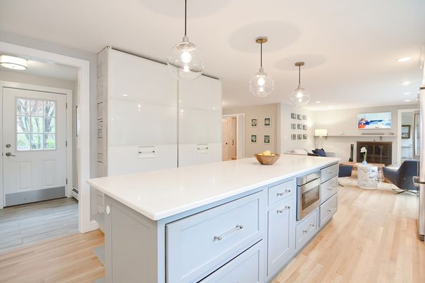 Fireplace, Interior, Kitchen, Living room, Pendant Lights, Recessed Lighting, Wood Texture Flooring