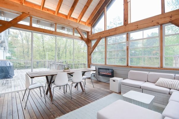 Dining room, Fireplace, Interior, Living room, Sun Room, Wooden Beams, Wood Texture Flooring
