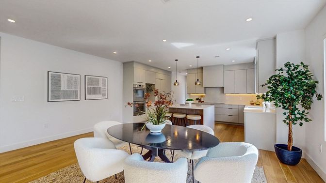 Dining room, Interior, Kitchen, Pendant Lights, Recessed Lighting, Stainless Steel Appliances, Wood Texture Flooring
