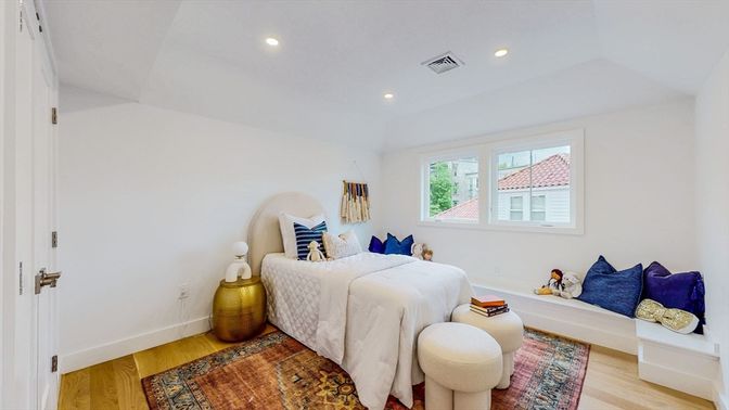 Bedroom, Interior, Recessed Lighting, Wood Texture Flooring