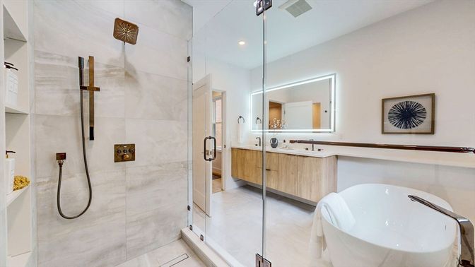 Bathroom, Dual Sink Vanities, Free Standing Baths, Glass Shower, Interior, Recessed Lighting