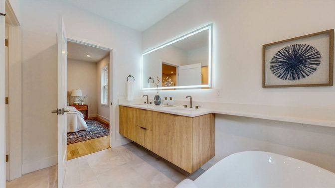 Bathroom, Dual Sink Vanities, Free Standing Baths, Interior, Recessed Lighting, Wood Texture Flooring