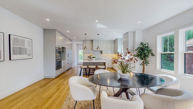Dining room, Interior, Kitchen, Pendant Lights, Recessed Lighting, Stainless Steel Appliances, Wood Texture Flooring