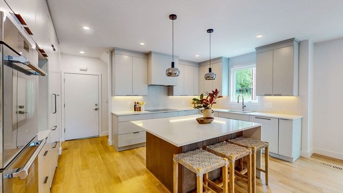 Interior, Kitchen, Pendant Lights, Recessed Lighting, Stainless Steel Appliances, Wood Texture Flooring