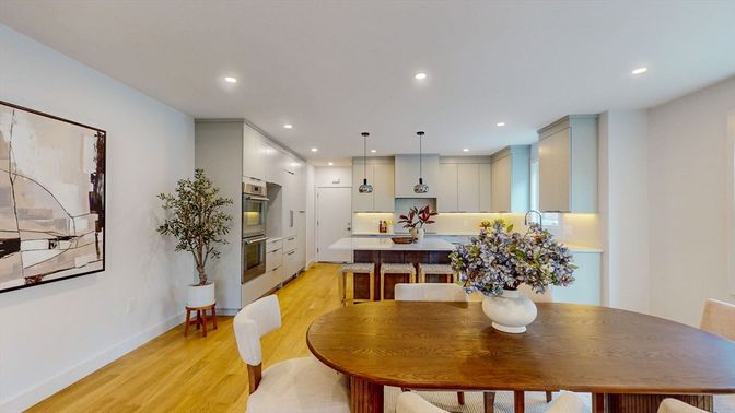 Dining room, Interior, Kitchen, Pendant Lights, Recessed Lighting, Stainless Steel Appliances, Wood Texture Flooring