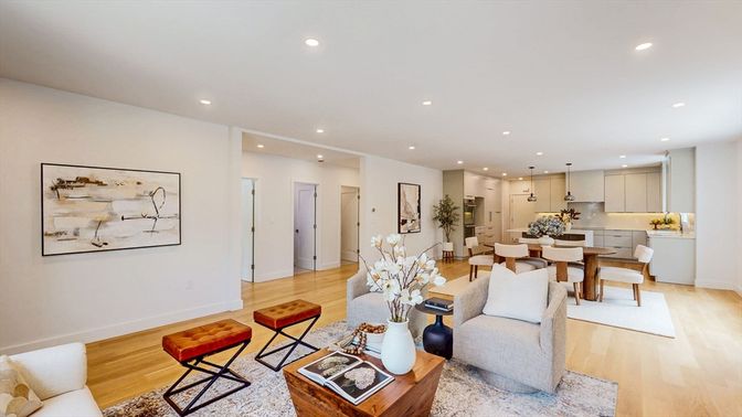 Dining room, Interior, Kitchen, Living room, Pendant Lights, Recessed Lighting, Wood Texture Flooring