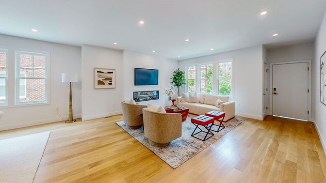 Interior, Living room, Recessed Lighting, Wood Texture Flooring