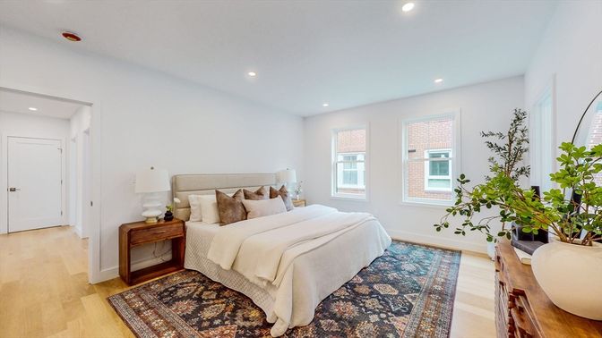 Bedroom, Interior, Recessed Lighting, Wood Texture Flooring