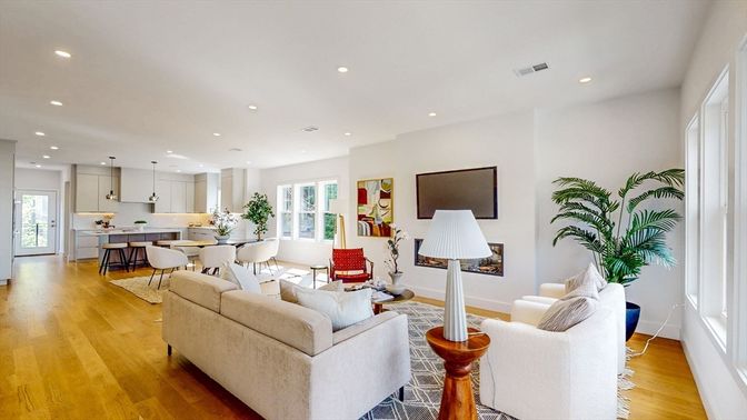 Dining room, Interior, Kitchen, Living room, Pendant Lights, Recessed Lighting, Wood Texture Flooring