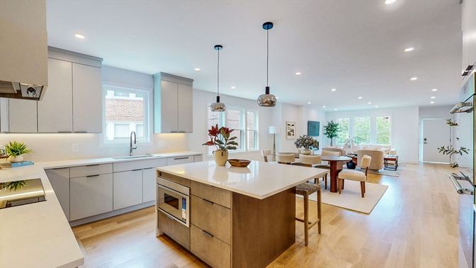 Dining room, Interior, Kitchen, Living room, Pendant Lights, Recessed Lighting, Wood Texture Flooring