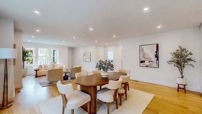 Dining room, Interior, Living room, Recessed Lighting, Wood Texture Flooring