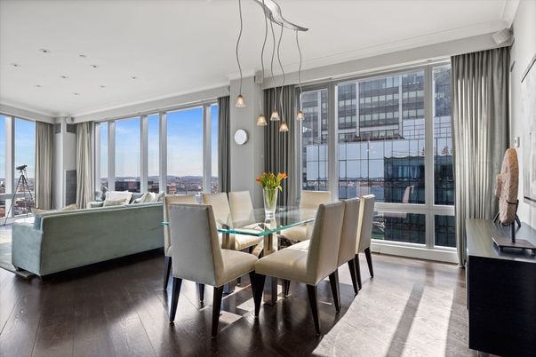 Dining room, Interior, Living room, Pendant Lights, Recessed Lighting, Wood Texture Flooring