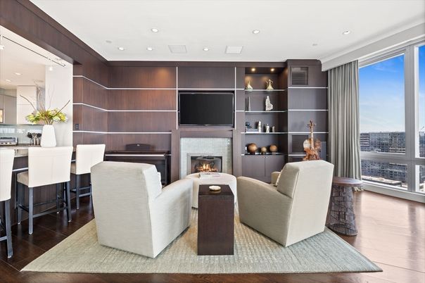 Fireplace, Interior, Kitchen, Living room, Recessed Lighting, Wood Texture Flooring