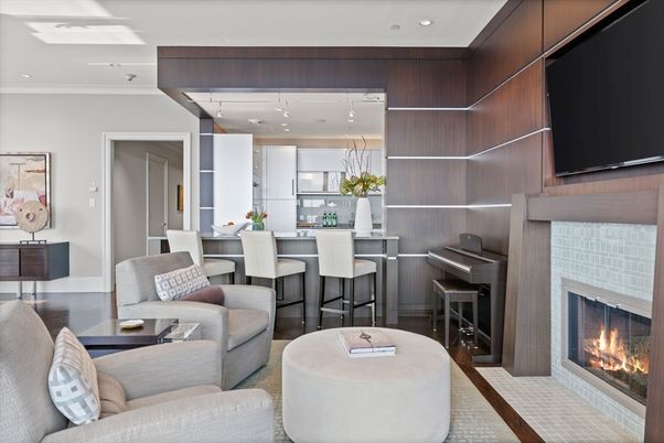 Dining room, Fireplace, Interior, Kitchen, Living room, Pendant Lights, Piano, Recessed Lighting