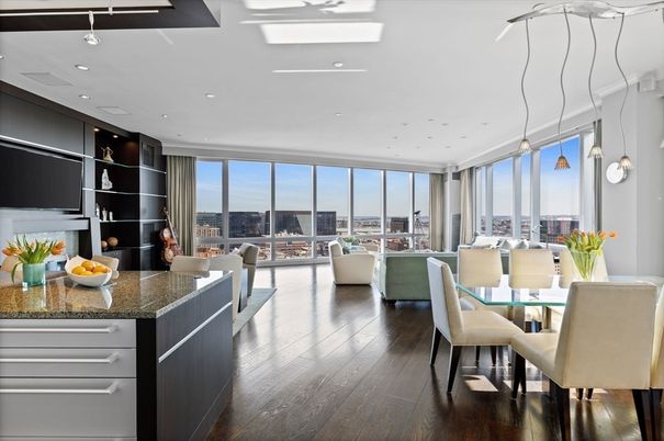 Dining room, Interior, Living room, Pendant Lights, Recessed Lighting, Wood Texture Flooring