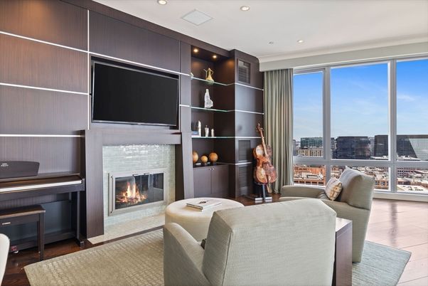 Fireplace, Interior, Living room, Piano, Recessed Lighting, Wood Texture Flooring