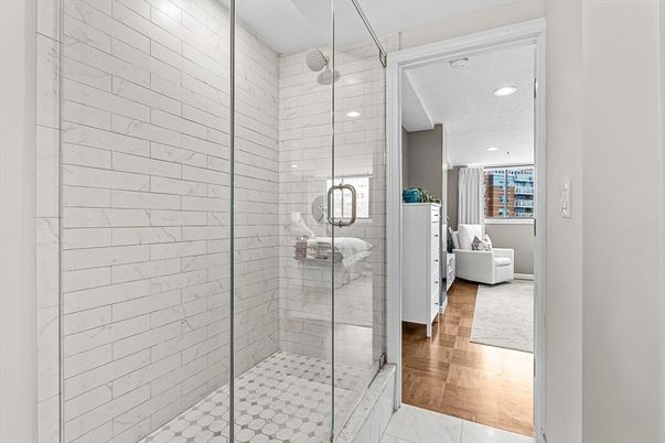 Bathroom, Glass Shower, Interior, Recessed Lighting, Wood Texture Flooring