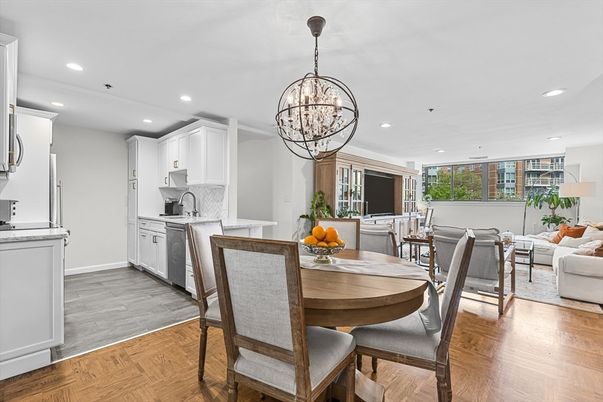 Chandelier, Dining room, Interior, Kitchen, Living room, Recessed Lighting, Wood Texture Flooring