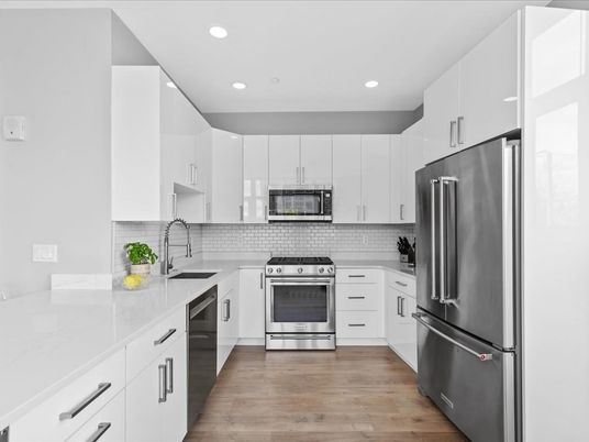 Interior, Kitchen, Recessed Lighting, Stainless Steel Appliances, Wood Texture Flooring