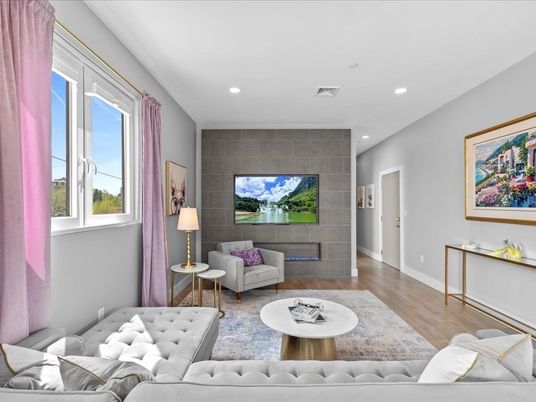 Fireplace, Interior, Living room, Recessed Lighting, Wood Texture Flooring