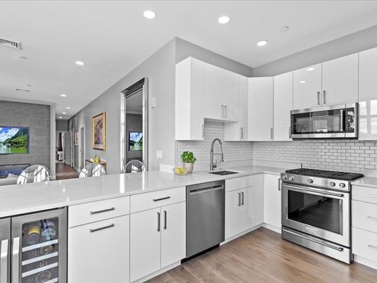 Interior, Kitchen, Recessed Lighting, Stainless Steel Appliances, Wood Texture Flooring