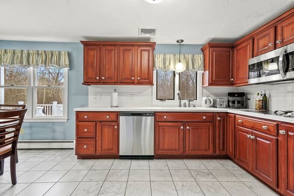 Interior, Kitchen, Marble, Pendant Lights, Stainless Steel Appliances