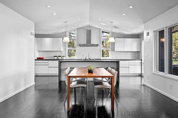 Dining room, Interior, Kitchen, Pendant Lights, Recessed Lighting, Stainless Steel Appliances, Wood Texture Flooring