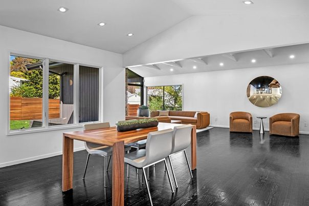 Dining room, Interior, Recessed Lighting, Wood Texture Flooring