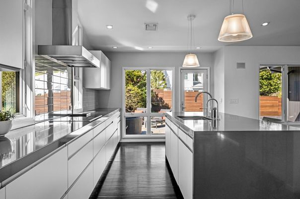 Interior, Kitchen, Pendant Lights, Recessed Lighting, Stainless Steel Appliances, Wood Texture Flooring