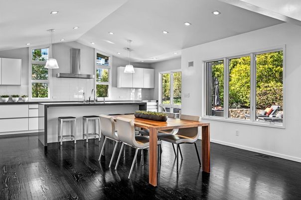 Dining room, Interior, Kitchen, Pendant Lights, Recessed Lighting, Wood Texture Flooring