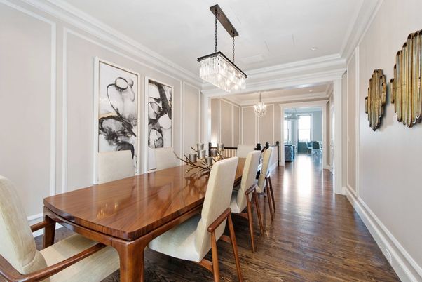 Chandelier, Dining room, Interior, Recessed Lighting, Wood Texture Flooring