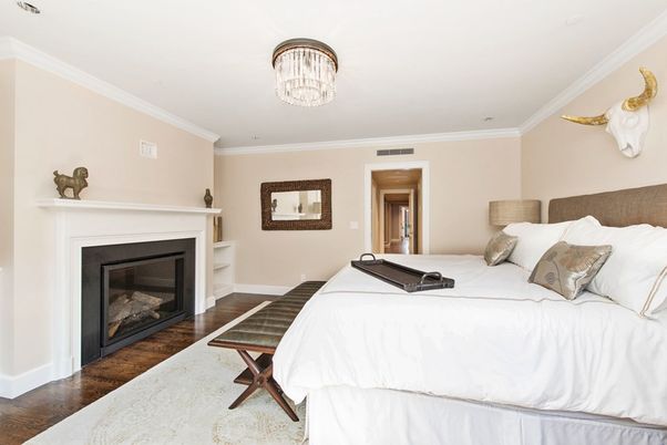 Bedroom, Chandelier, Fireplace, Interior, Wood Texture Flooring