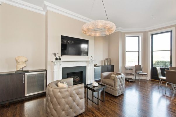 Dining room, Fireplace, Interior, Living room, Pendant Lights, Recessed Lighting, Wood Texture Flooring