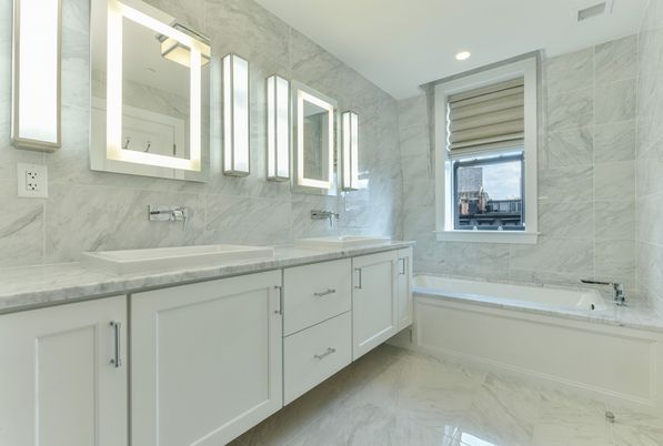 Bathroom, Dual Sink Vanities, Interior, Marble, Marble Walls, Recessed Lighting