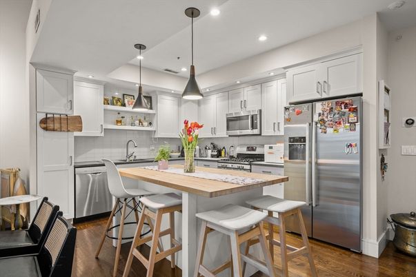 Interior, Kitchen, Pendant Lights, Recessed Lighting, Stainless Steel Appliances, Wood Texture Flooring