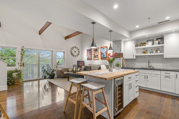 Interior, Kitchen, Living room, Pendant Lights, Recessed Lighting, Wooden Beams, Wood Texture Flooring