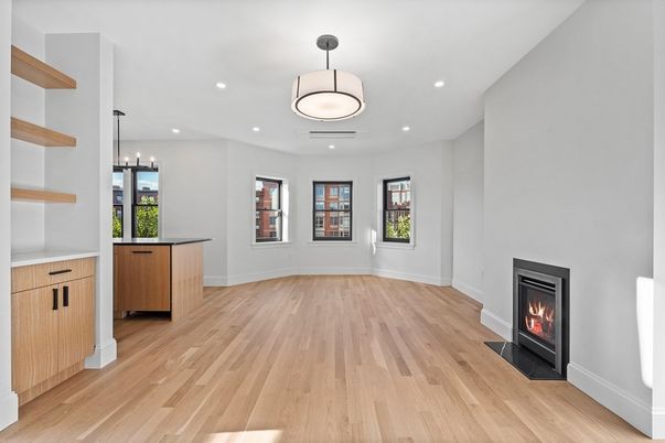 Fireplace, Interior, Pendant Lights, Recessed Lighting, Wood Texture Flooring