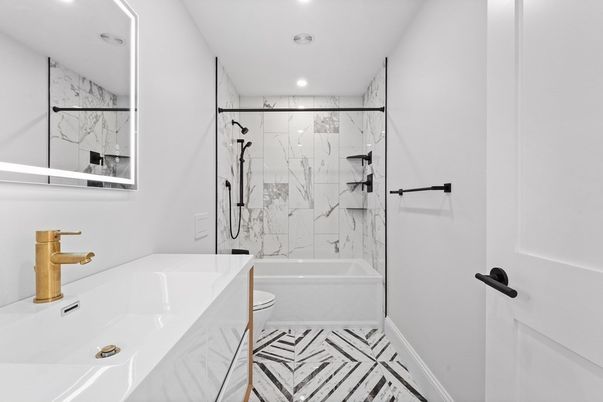Bathroom, Glass Shower, Interior, Marble Walls, Recessed Lighting