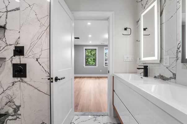 Bathroom, Interior, Marble, Marble Walls, Recessed Lighting, Wood Texture Flooring