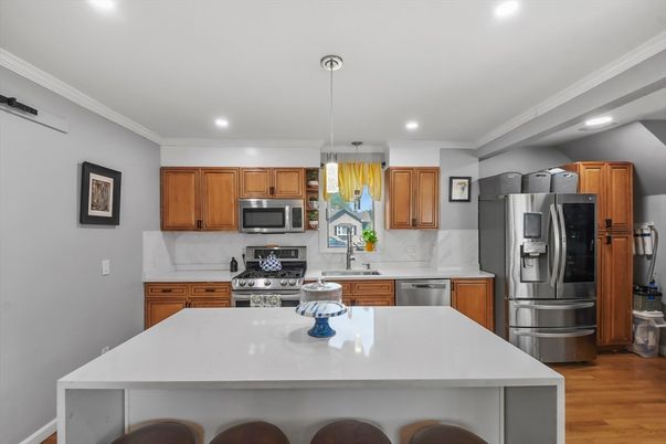 Interior, Kitchen, Pendant Lights, Recessed Lighting, Stainless Steel Appliances, Wood Texture Flooring